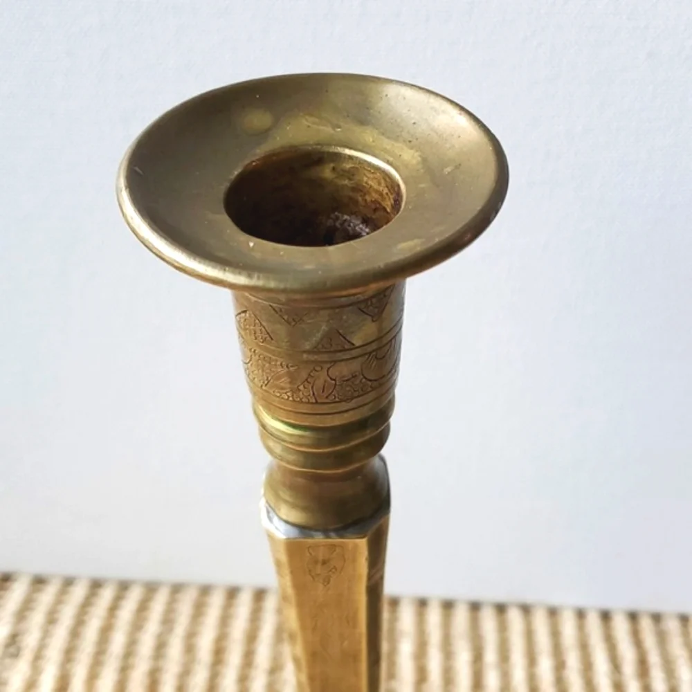 Vintage Brass Mid Century Candleholders Hexagonal Base Etched Floral 9